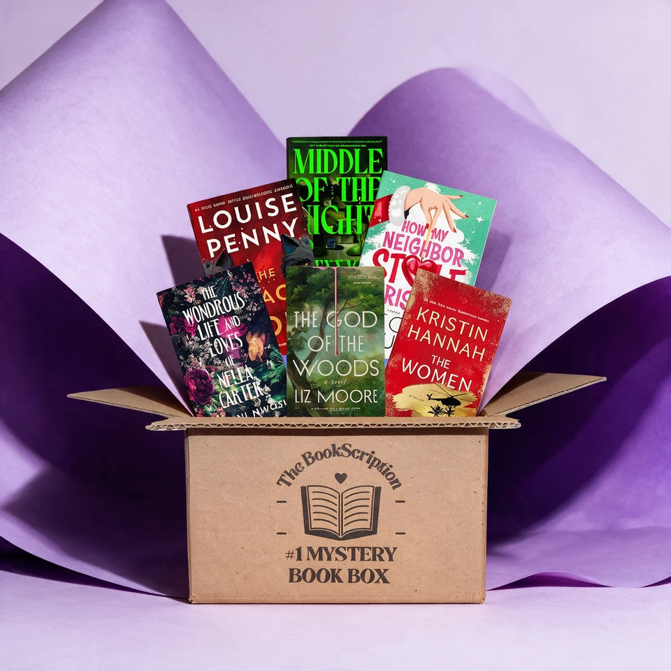 Six example books in a TheBookScription kraft box, framed by sweeping lavender paper.
