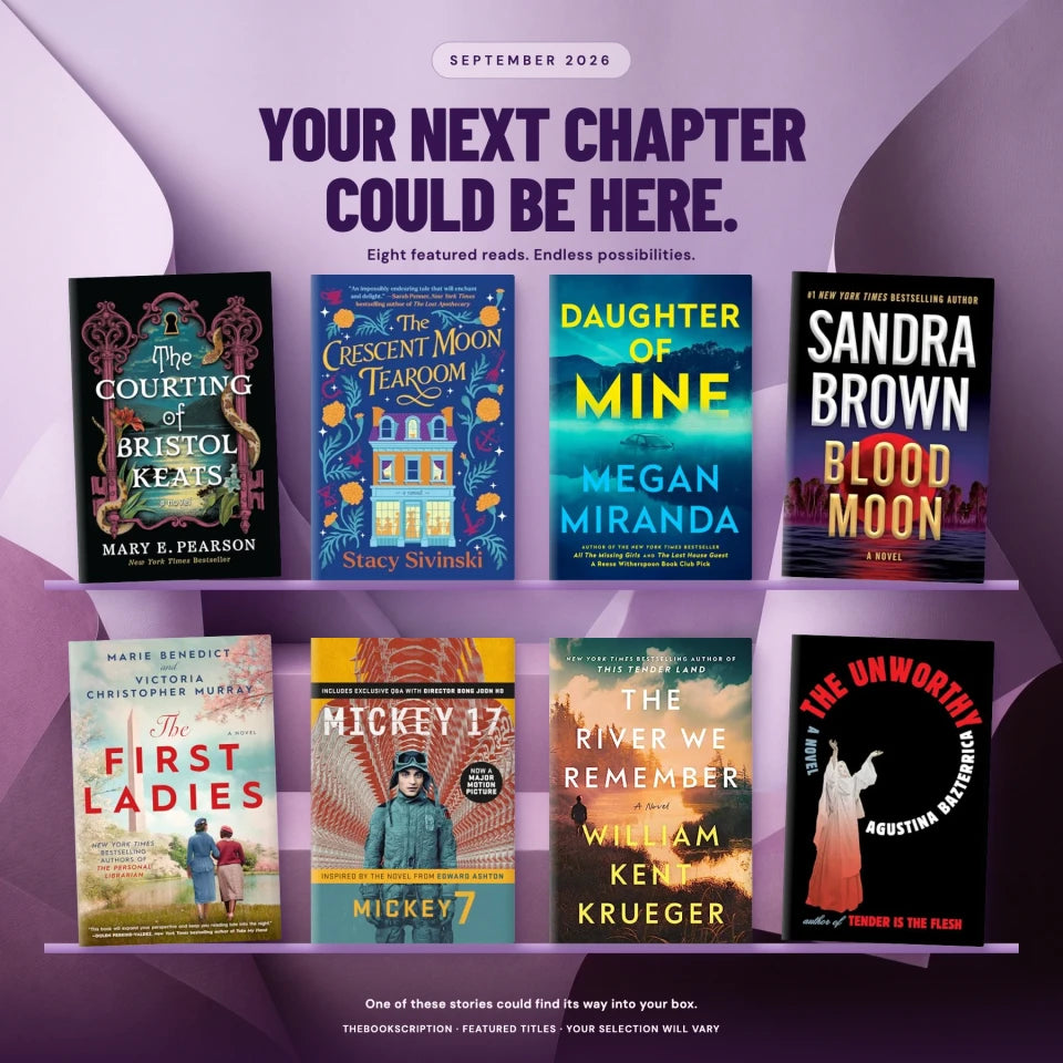 Eight featured September 2026 books arranged on a lavender paper display