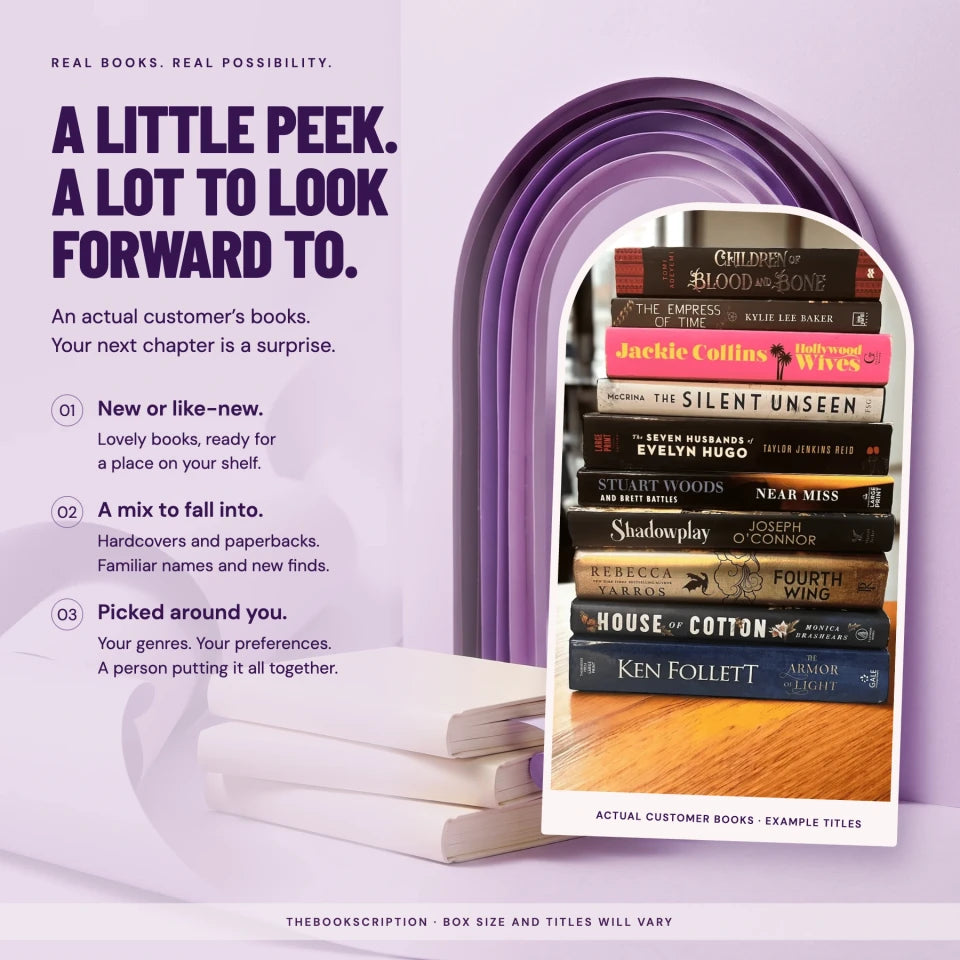 An actual customer book stack: new or like-new books, mixed formats, picked around your preferences. Example titles and quantity; your box will vary.
