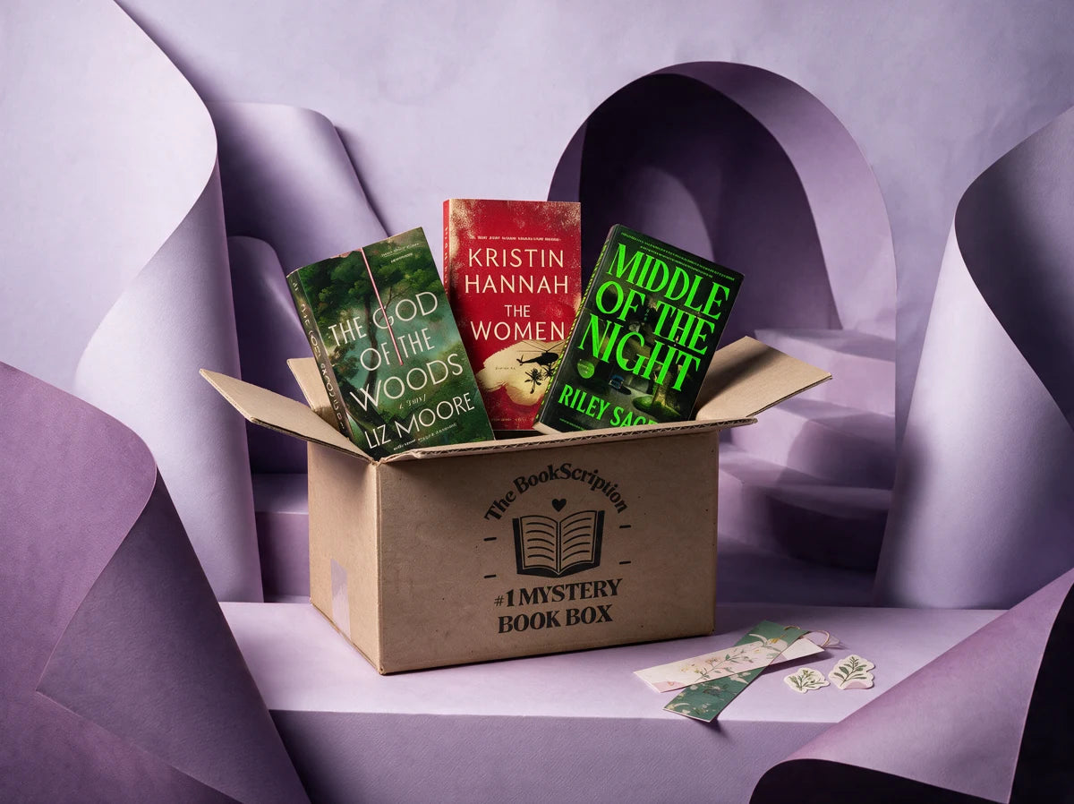 A BookScription box with three example books, paper bookmarks and stickers in a lavender paper landscape